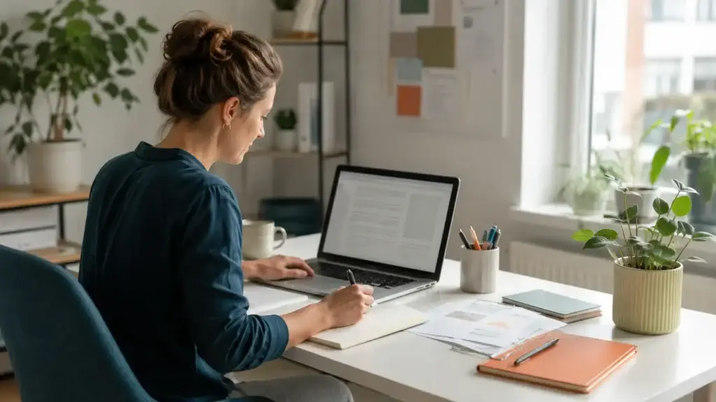 Auteur schrijft een artikel voor Re Mixx aan een bureau met laptop en notities.