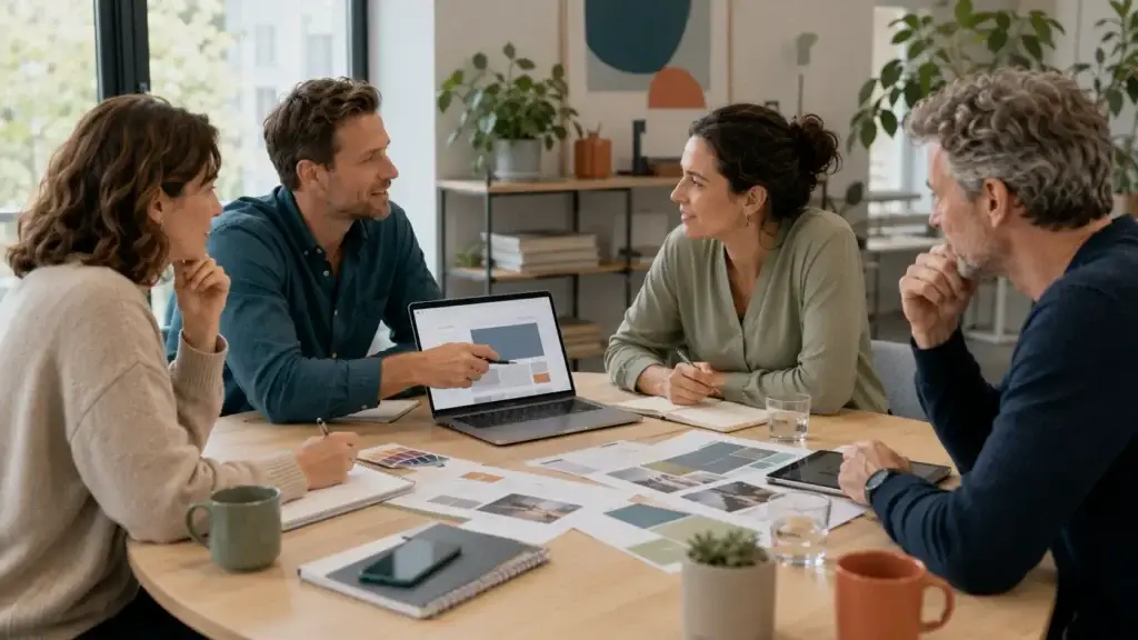Professionals bespreken een samenwerking met Re Mixx rond content en online zichtbaarheid